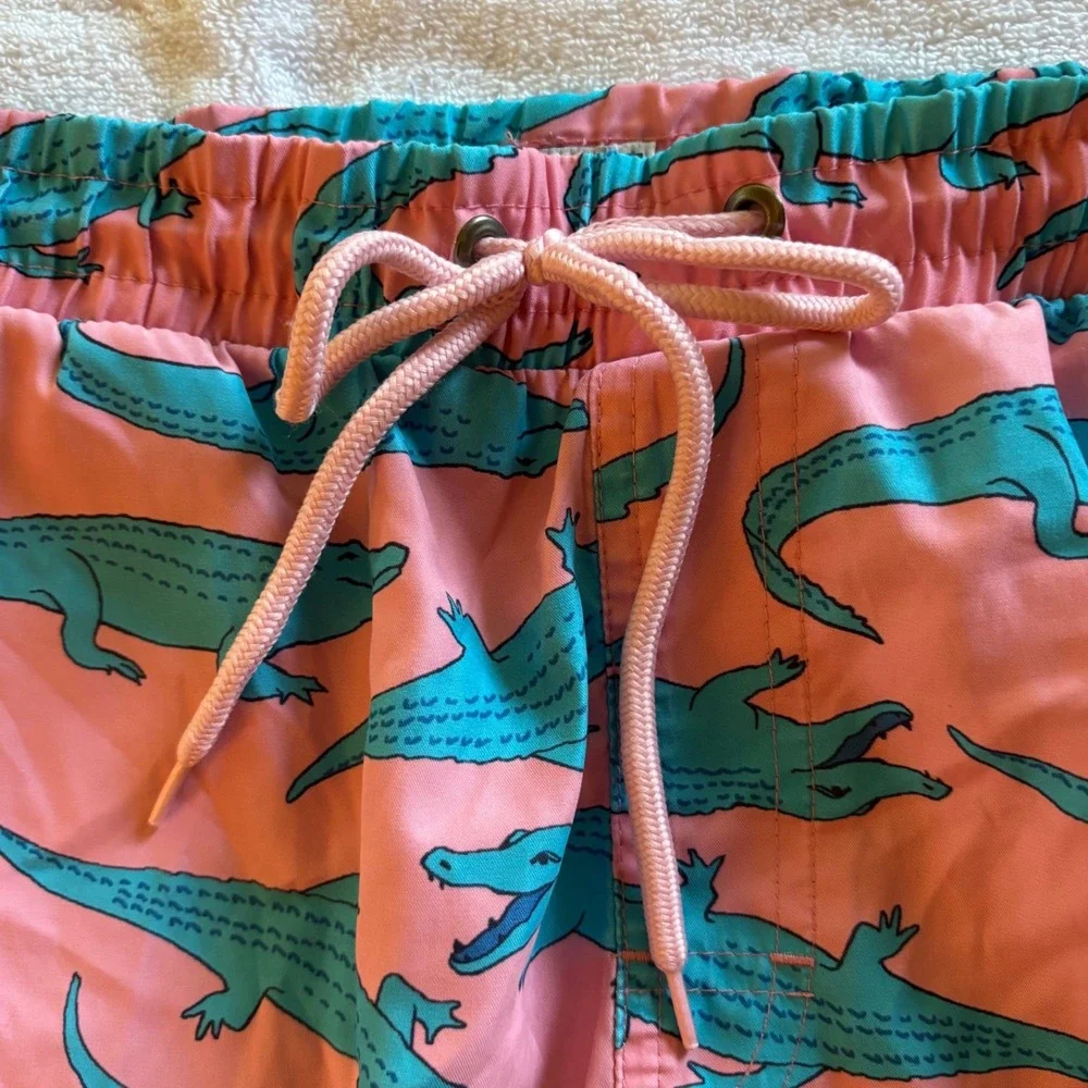 Club Room Mens Alligator Swim Trunks Large Pink Teal‎ Elastic Waist Pockets